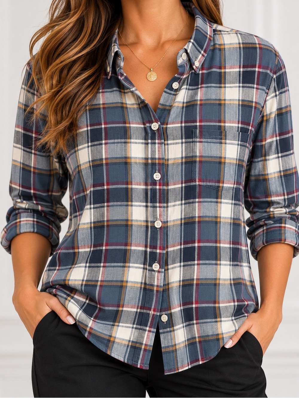 GAP Blue Navy Plaid Button-Down Shirt with Cream & Burgundy